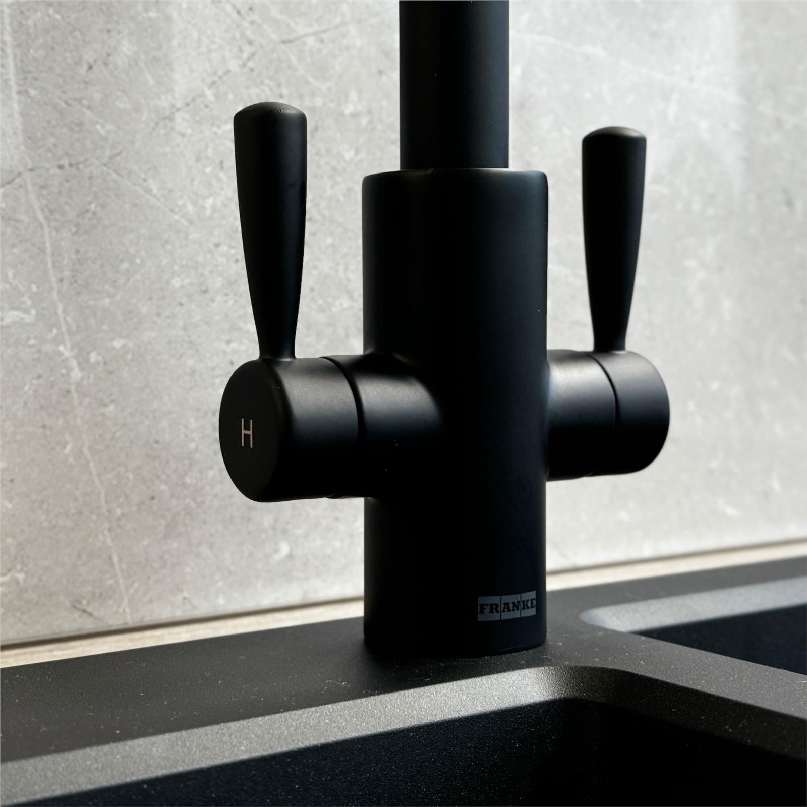 Franke Ascona Swan Neck Swivel Spout Mono Mixer Twin Lever Black Kitchen Tap